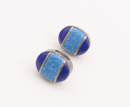 925 Sterling Silver Vintage Earrings MEXICO Oval Inlay Lapis Lazuli   EG13072