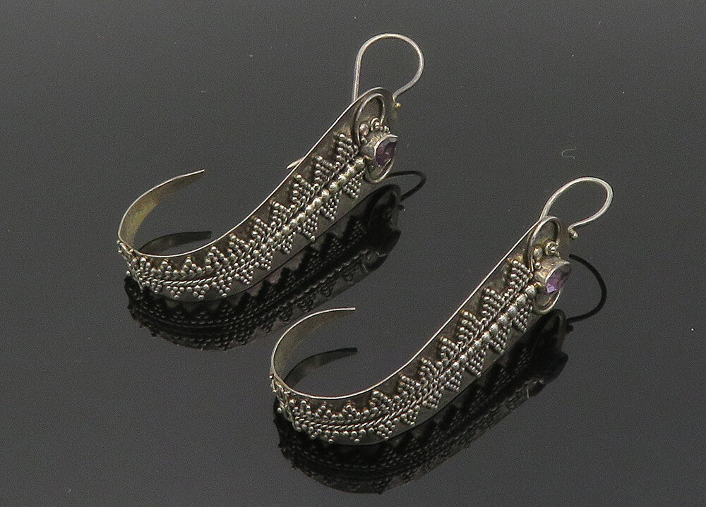 925 Sterling Silver  Vintage Amethyst Ornate Detail J Hoop Earrings  EG9997