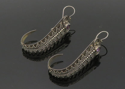925 Sterling Silver  Vintage Amethyst Ornate Detail J Hoop Earrings  EG9997