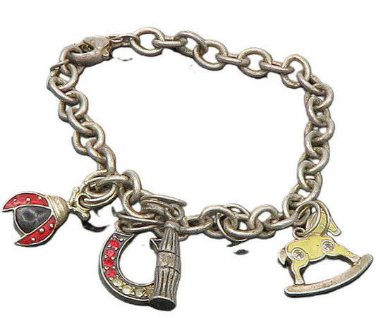 925 Sterling Silver  Vintage Topaz Assorted Charms Chain Bracelet  BT8470