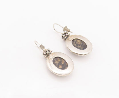 925 Sterling Silver Vintage Earrings Beaded Top Oval Fossil Agate  EG13113