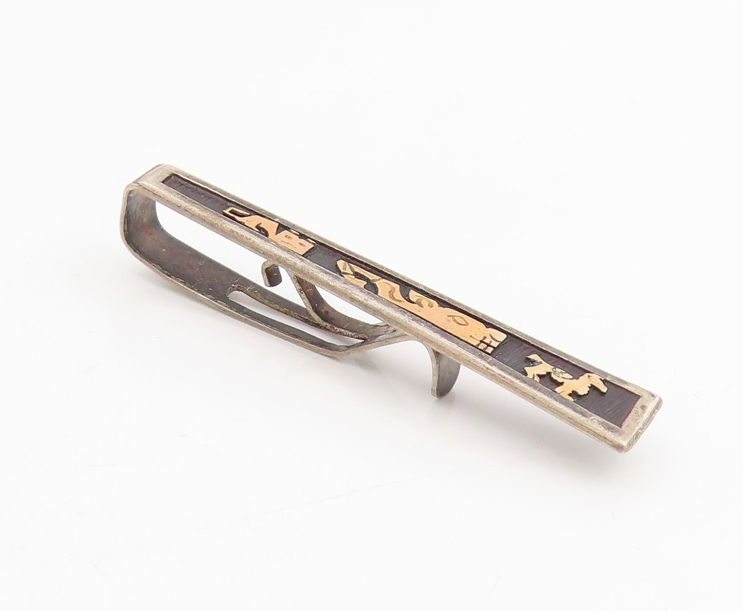 18k Gold & 925 Sterling Silver Vintage Tie Clip Aztec Inca Tribal Art Bar TR4112
