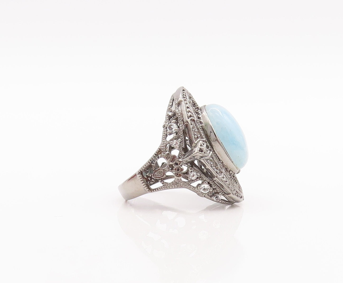 925 Sterling Silver Vintage Ring Cabochon Aqua Floral Carved Topaz Sz 7  RG29260