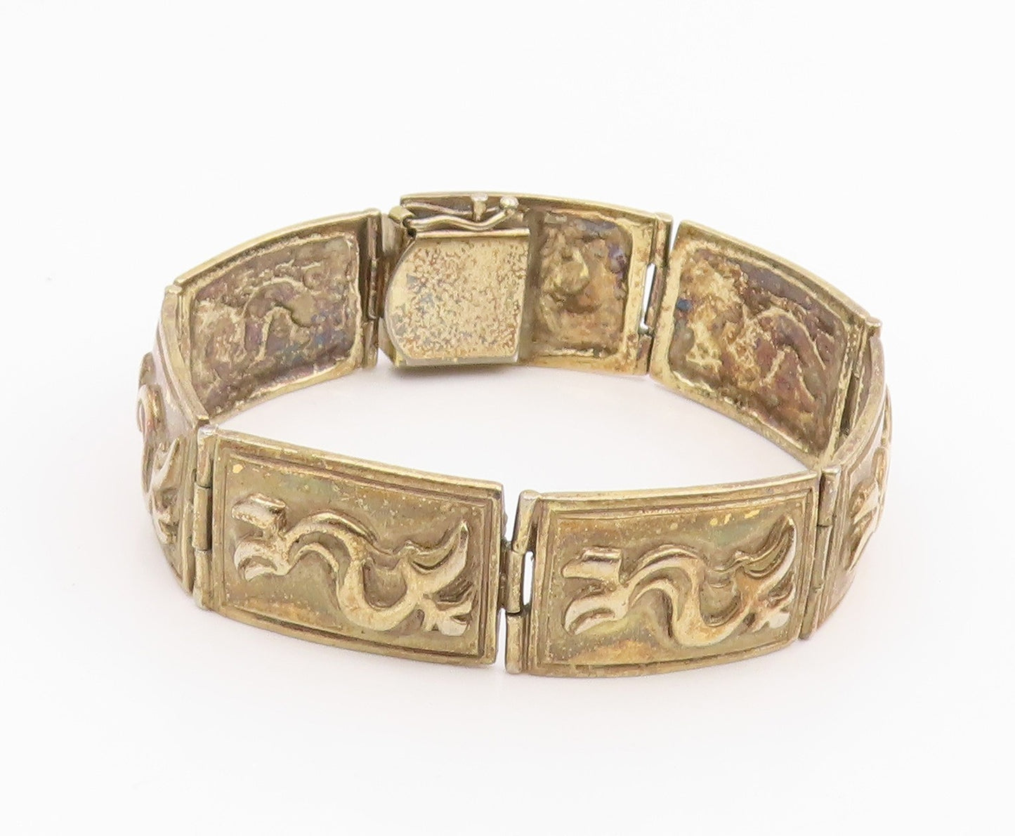 925 Sterling Silver Vintage Bracelet Gold Plated Storyteller Panel Link  BT11948