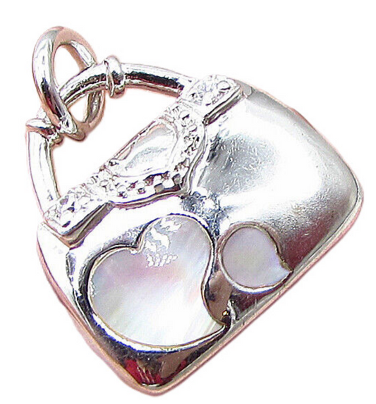 925 Silver  Inlay Mother of Pearl & CZ Heart Lady Purse Charm Pendant  PT1654
