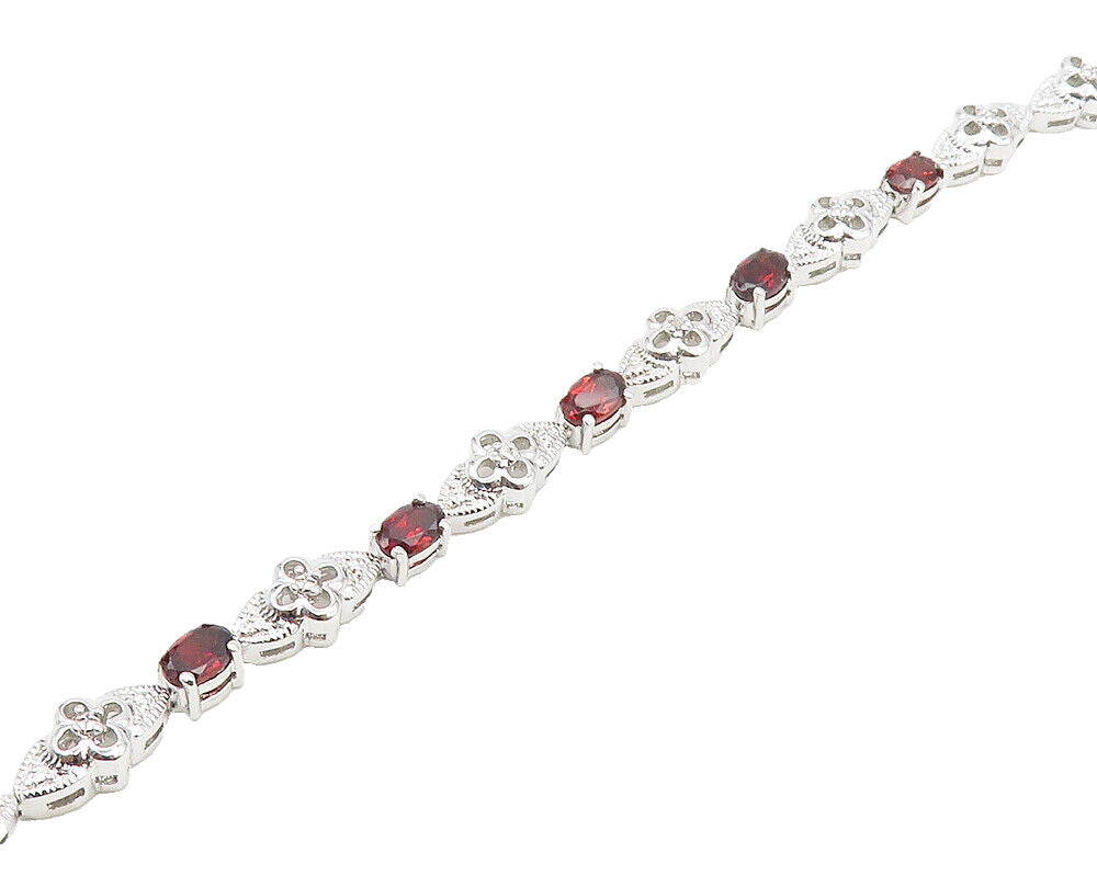 925 Sterling Silver  Genuine Diamond & Garnet Floral Chain Bracelet  BT7270
