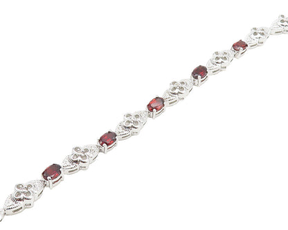 925 Sterling Silver  Genuine Diamond & Garnet Floral Chain Bracelet  BT7270