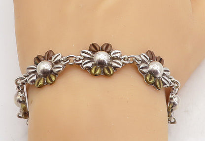 MEXICO 925 Sterling Silver  Vintage 2 Tone Flower Link Chain Bracelet  BT1895