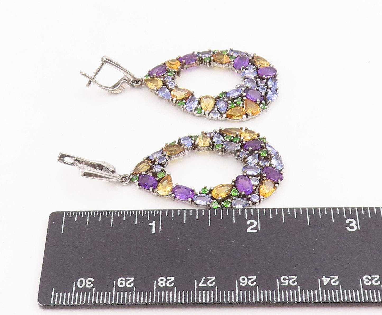 925 Sterling Silver Vintage Earrings Multi Gemstone Teardrop Cluster  EG13854