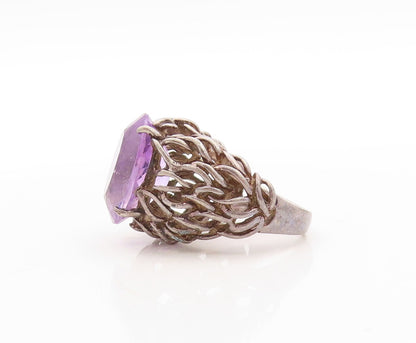 925 Sterling Silver Vintage Ring Dark Tone Brutalist Woven Amethyst Sz 5 RG31425