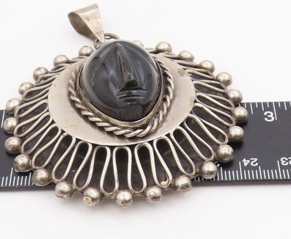 925 Sterling Silver Vintage Pendant MEXICO Carved Onyx Mayan Tribal Face PT25733