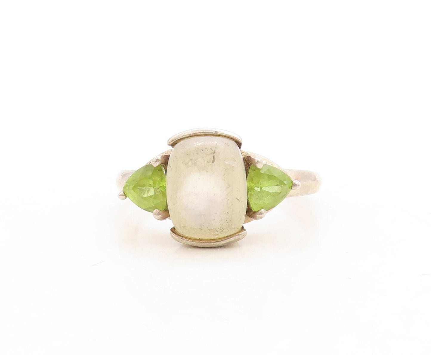 925 Sterling Silver Vintage Ring Cabochon Gemstone Triangle Peridot Sz 9 RG31228