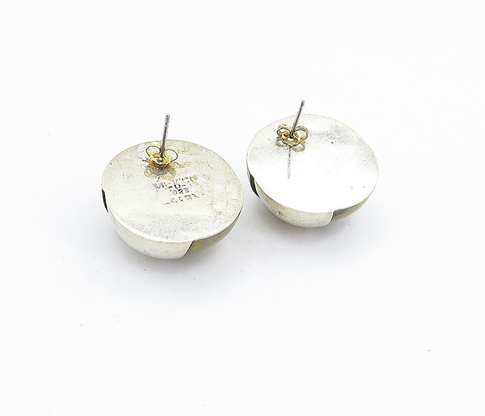 MEXICO 925 Sterling Silver Vintage Two Tone Dome Button Drop Earrings EG2883