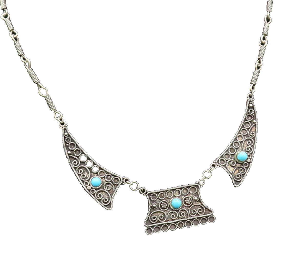 ISRAEL 925 Silver  Vintage Antique Spiral Rope Twist Turquoise Necklace NE3925