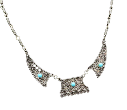 ISRAEL 925 Silver  Vintage Antique Spiral Rope Twist Turquoise Necklace NE3925