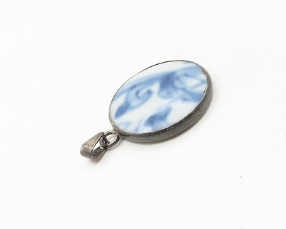 925 Sterling Silver  Vintage Chinese Ceramic Art Round Drop Pendant  PT14164