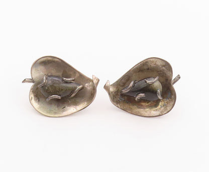925 Sterling Silver Vintage Earrings MEXICO Drop Shape Gemstone Leaf  EG13481