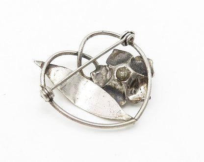 925 Sterling Silver  Vintage Dark Tone Sculpted Flower Heart Brooch Pin BP4238