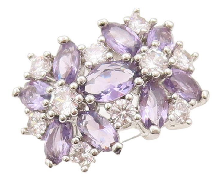 925 Sterling Silver Vintage Ring Oval Cut Amethyst & CZ Flower  Sz 6.5  RG28460