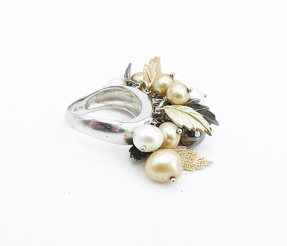 925 Sterling Silver  Freshwater Pearls Leaf Charmed Cluster Ring Sz 6  RG7309