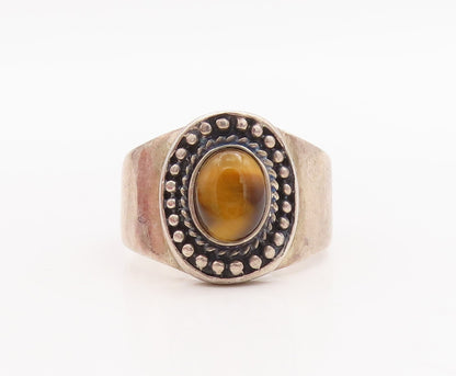 925 Sterling Silver Vintage Ring MEXICO Tiger's Eye Halo Beaded  Sz 11.5 RG28688