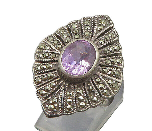 925 Sterling Silver  Vintage Amethyst & Marcasite Cocktail Ring Sz 10  RG18125