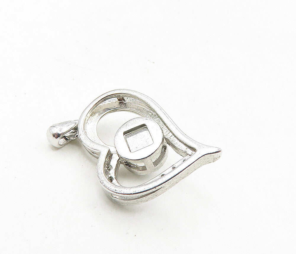 925 Sterling Silver  White Topaz Shiny Open Love Heart Drop Pendant  PT6646