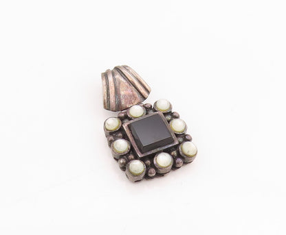 925 Sterling Silver Vintage Pendant Onyx Halo Beaded Cat's Eye  PT24443