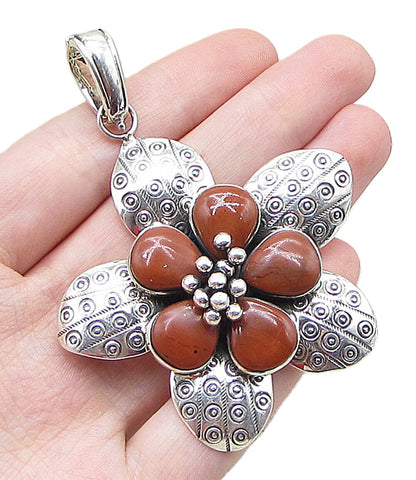 925 Sterling Silver  Red Jasper Wild Spring Flower Drop Pendant  PT1433