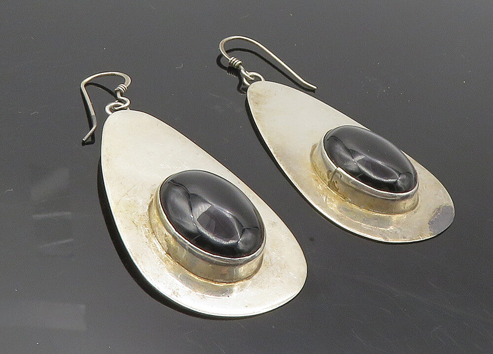 EL NAVAJO 925 Silver  Vintage Cabochon Cut Black Onyx Dangle Earrings  EG5127