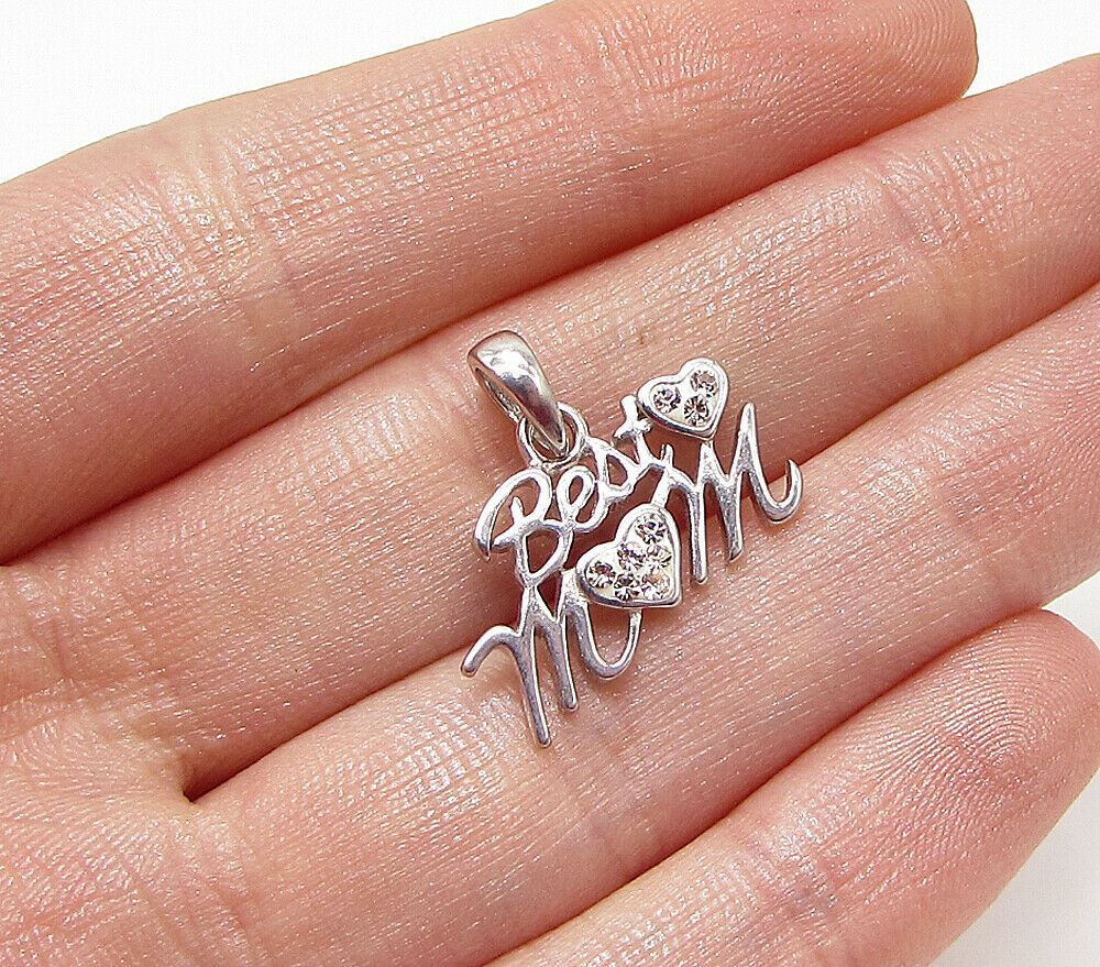 925 Sterling Silver White Cubic Zirconia Best Mom Love Drop Pendant PT2033