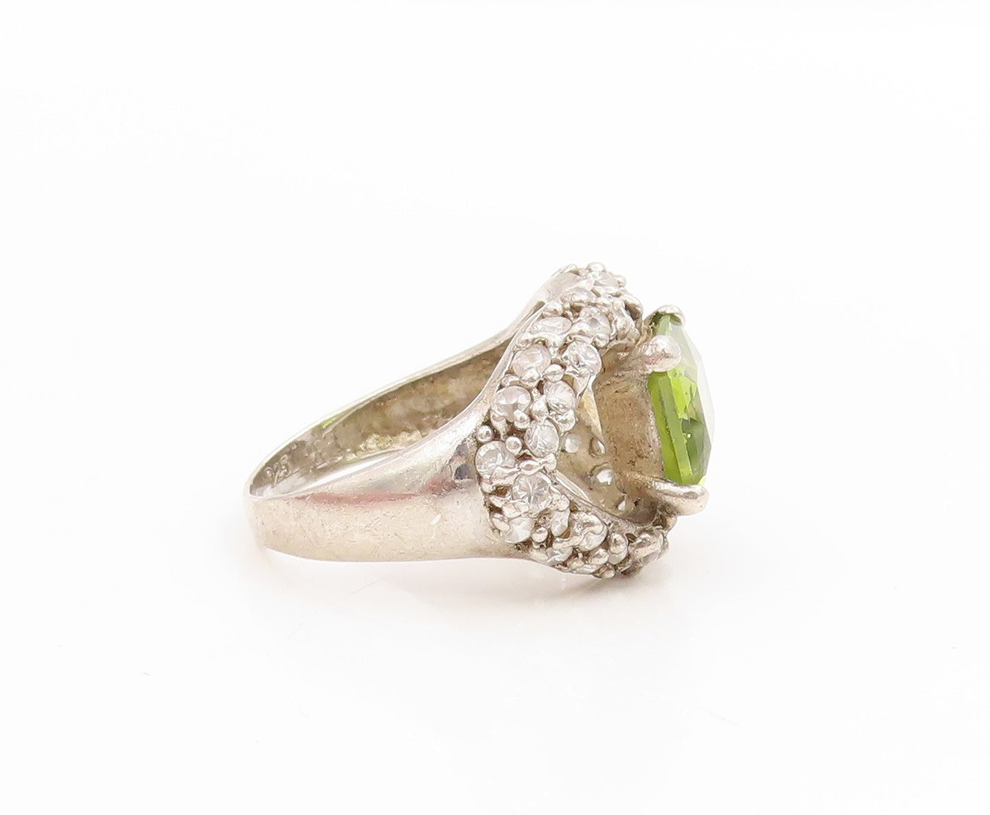 925 Sterling Silver Vintage Ring Peridot & CZ Open Love Heart  Sz 8.5  RG34434