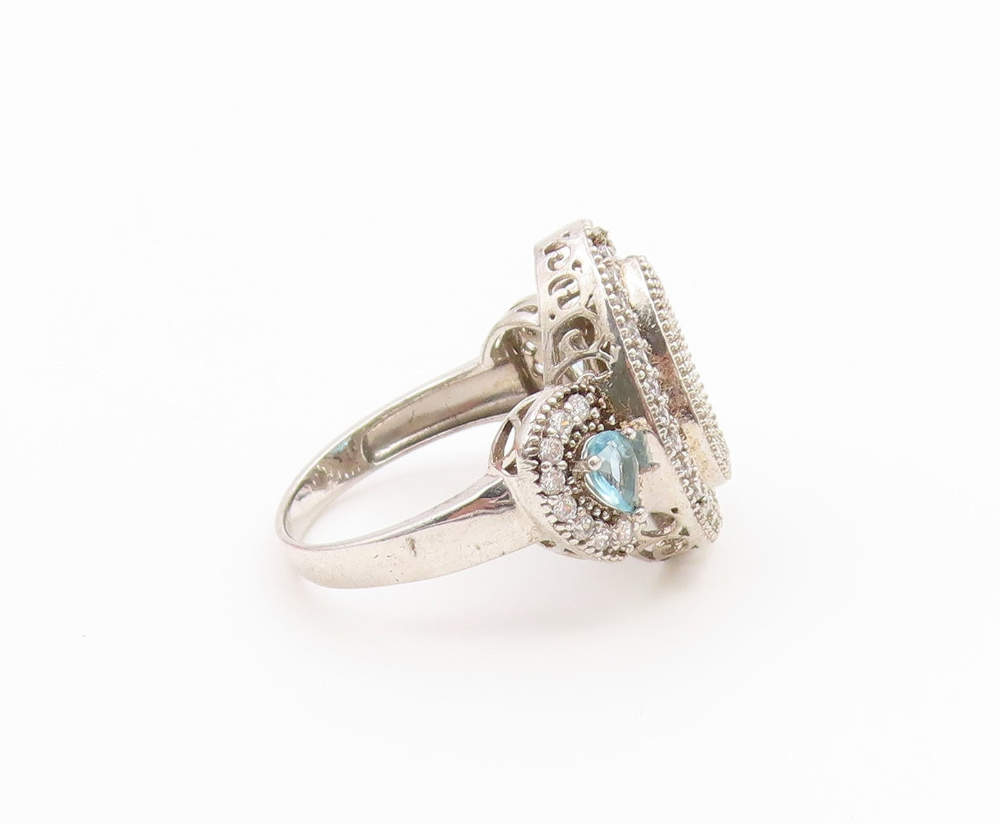 925 Sterling Silver Vintage Ring Blue Topaz Halo Statement Band  Sz 6.5  RG36809