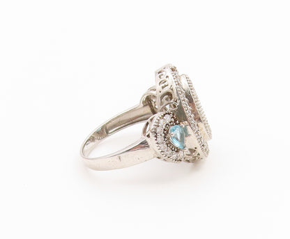 925 Sterling Silver Vintage Ring Blue Topaz Halo Statement Band  Sz 6.5  RG36809