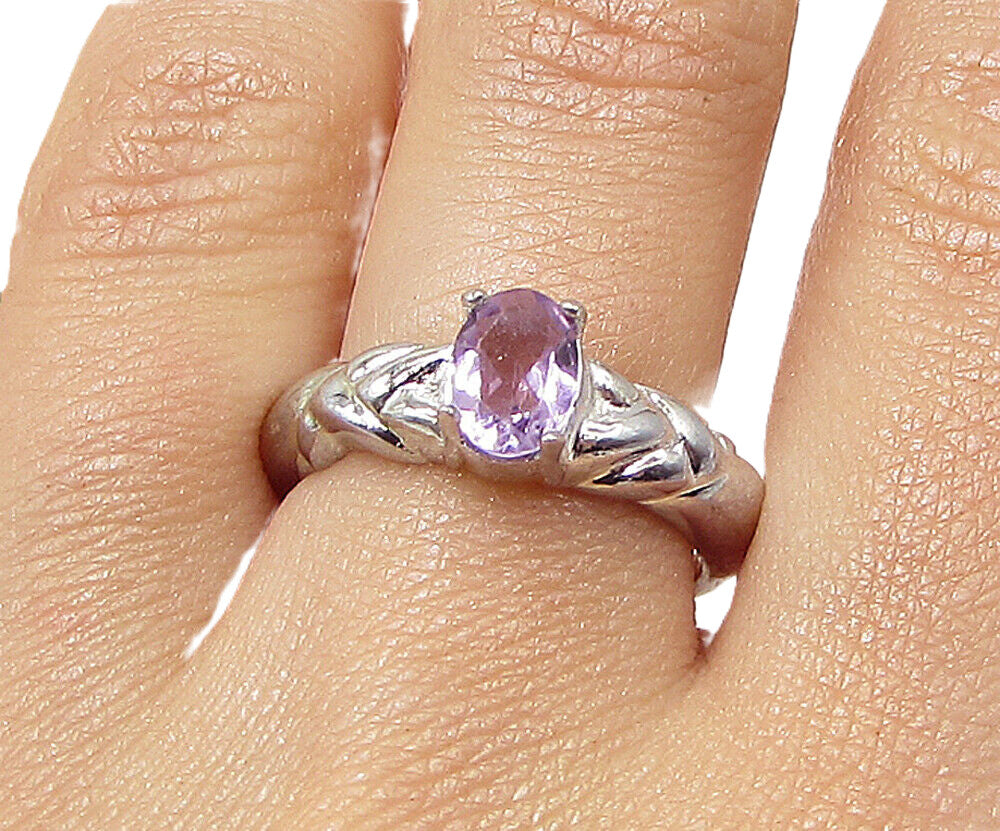 925 Sterling Silver  Faceted Amethyst Solitaire Band Ring Sz 7  RG3484