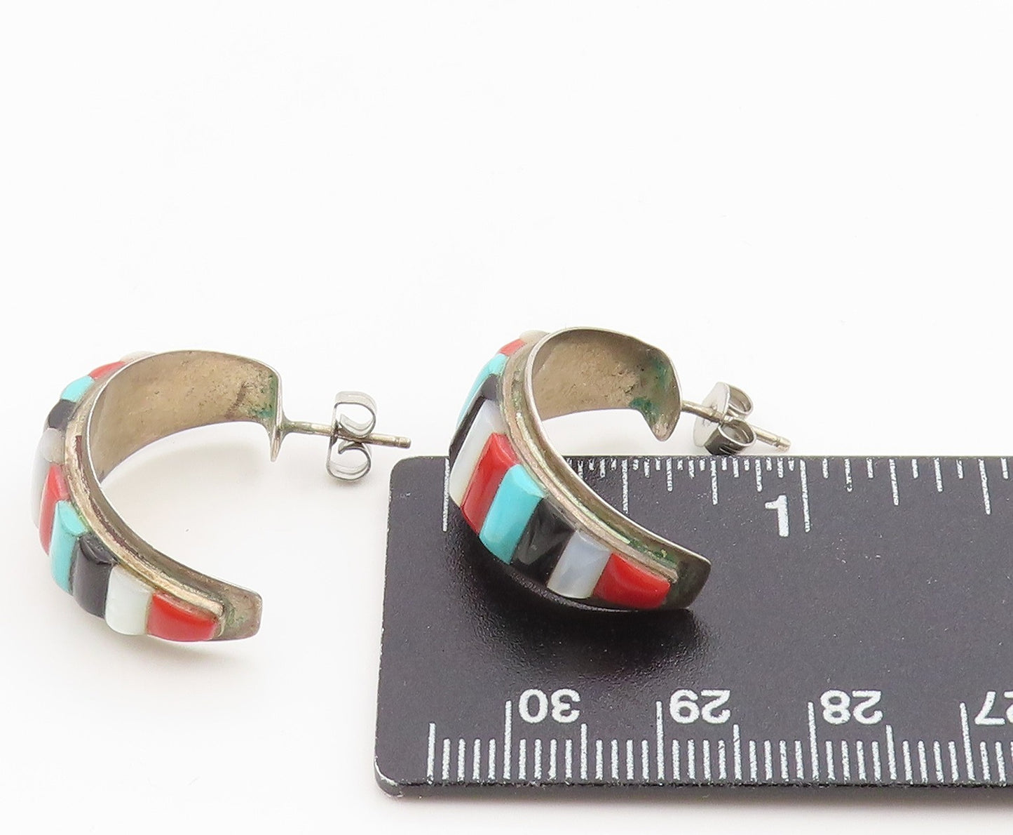 925 Sterling Silver Vintage Earrings NAVAJO ZUNI Multi Gemstone Hoops  EG13896