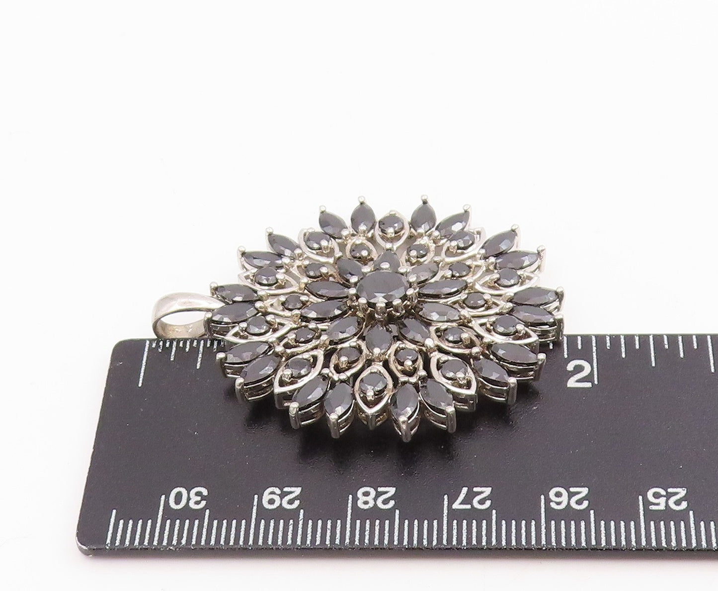 925 Sterling Silver Vintage Pendant Black CZ Floral Starburst Blossom  PT25789