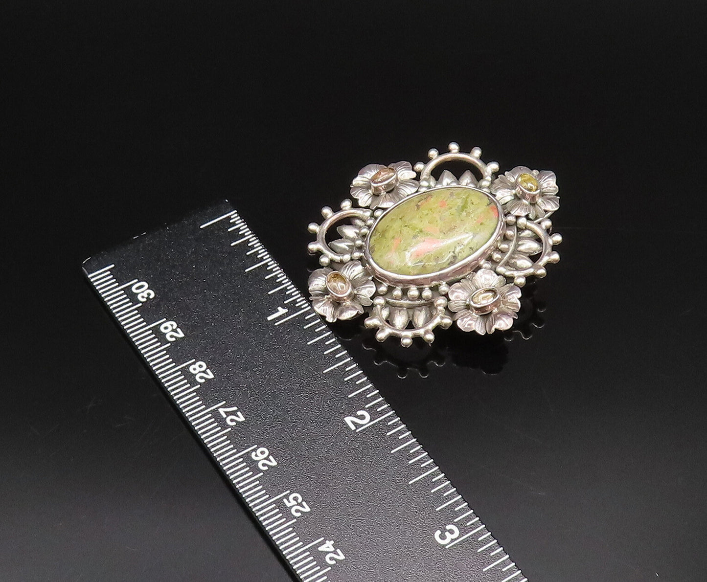 925 Silver  Vintage Cabochon Unakite & Peridot Floral Cluster Pendant  PT21917