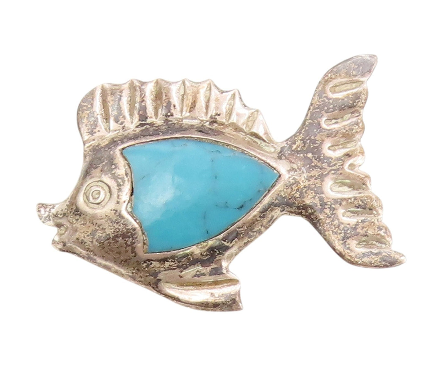 925 Sterling Silver Vintage Brooch MEXICO Turquoise Inlay Etched Fish  BP11852