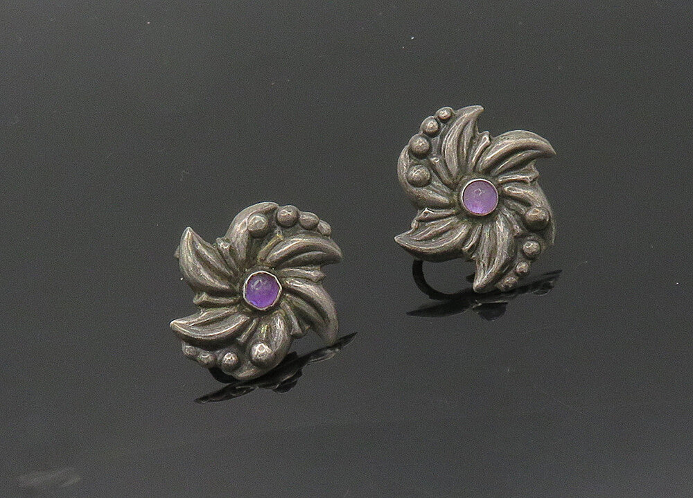 MEXICO 925 Sterling Silver Vintage Antique Amethyst Non Pierce Earrings  EG10170