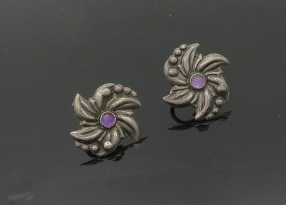 MEXICO 925 Sterling Silver Vintage Antique Amethyst Non Pierce Earrings  EG10170