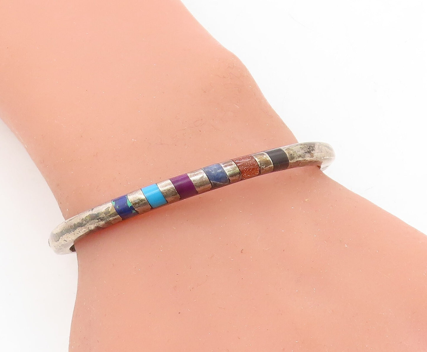 MEXICO 925 Silver Vintage Multi Gemstone Striped Oval Bangle Bracelet BT2981