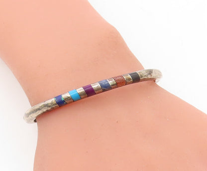 MEXICO 925 Silver Vintage Multi Gemstone Striped Oval Bangle Bracelet BT2981