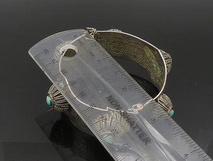 MIDDLE EAST 925 Silver  Vintage Floral Turquoise Etched Bangle Bracelet BT9366