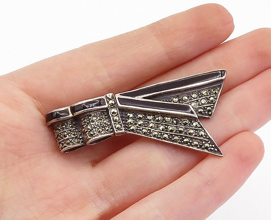 925 Sterling Silver Vintage Black Onyx & Marcasite Ribbon Brooch Pin BP2711