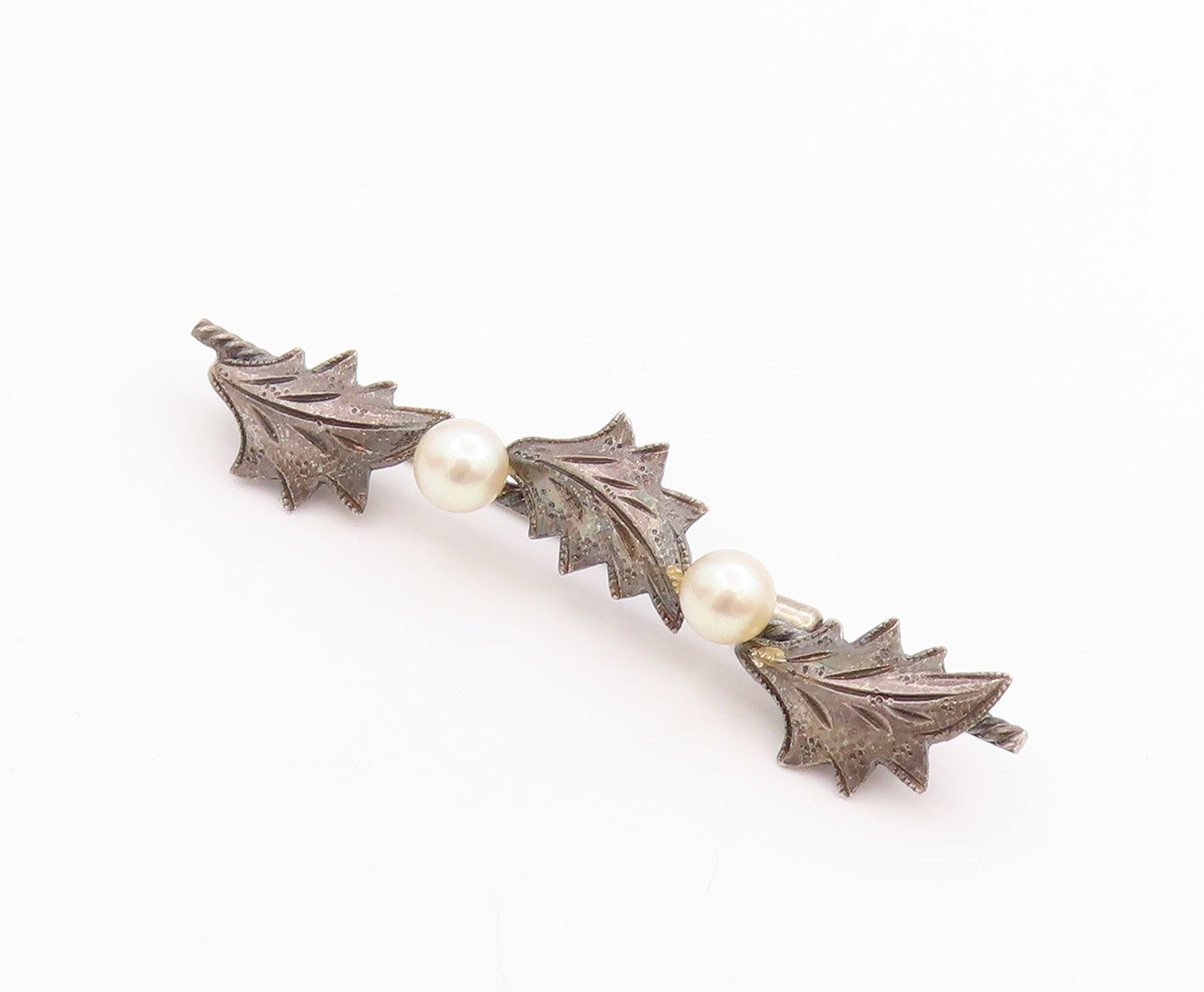 925 Sterling Silver Vintage Brooch Antique Leaved & Pearls Band  BP11717
