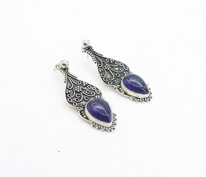 925 Sterling Silver  Vintage Amethyst Oxidized Swirl Drop Earrings  EG3069