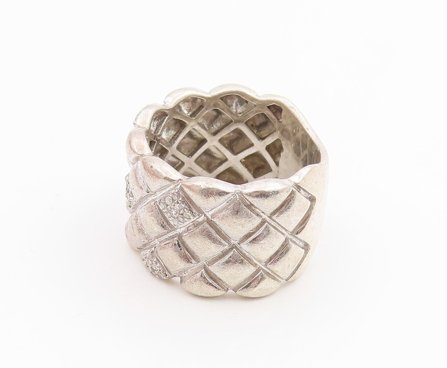 925 Sterling Silver Vintage Ring Real Diamonds Quilted Dome Band Sz 8.5 RG35742