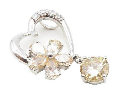 925 Sterling Silver  Shiny Topaz Dangling Floral Love Heart Pendant  PT7308