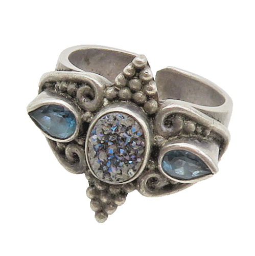 SAJEN 925 Silver  Vintage Druzy Stone & Blue Topaz Band Ring Sz 9  RG17522